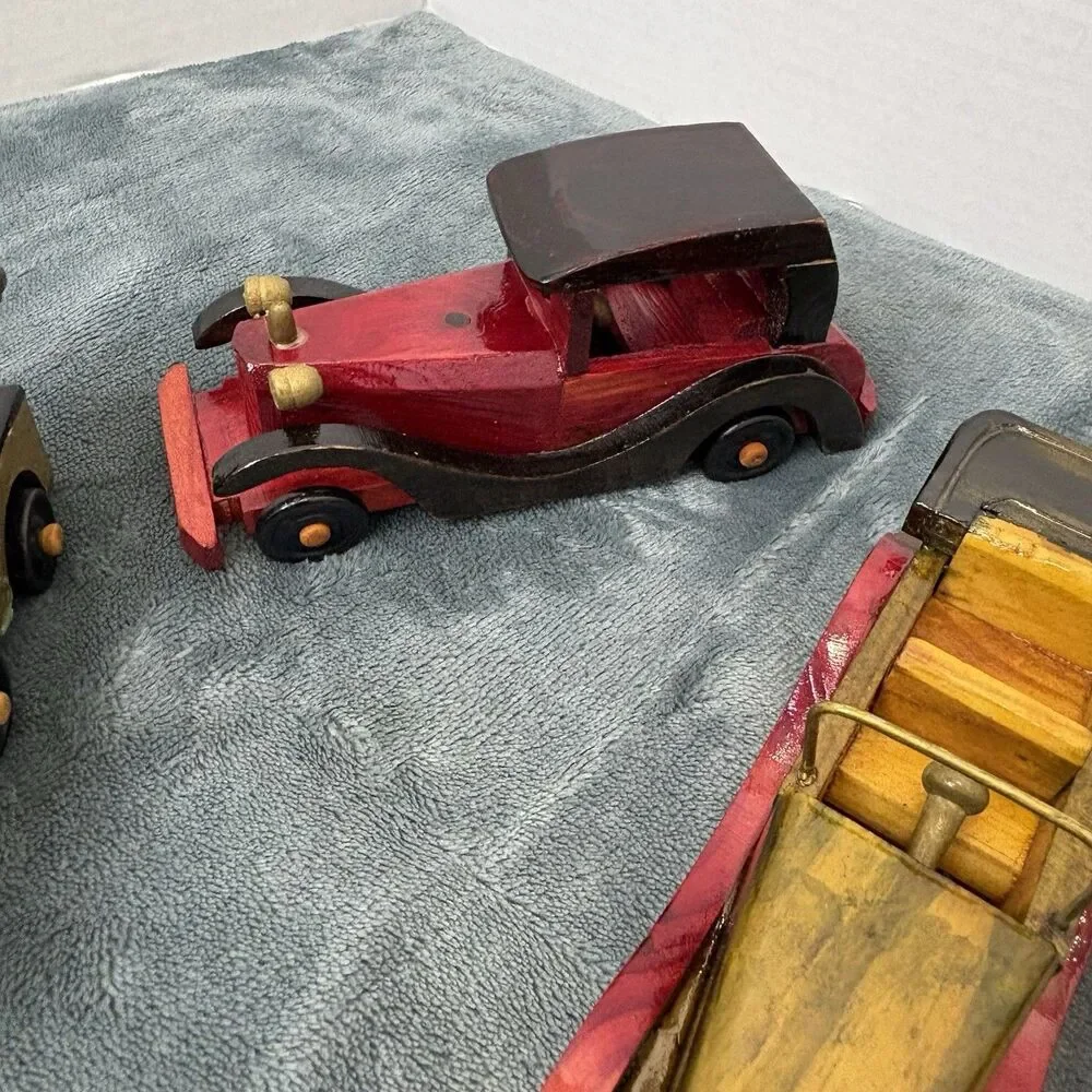 Lot 6 Vintage Handmade Wooden Cars Vehicles Toys Trucks Trains Handmade Painted